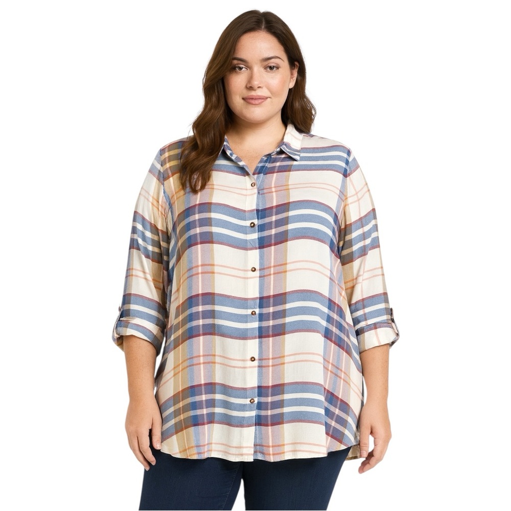 Westbound Plus Size 2X Plaid Button Down Shirt Rayon Long Sleeve Tunic Top Comfy